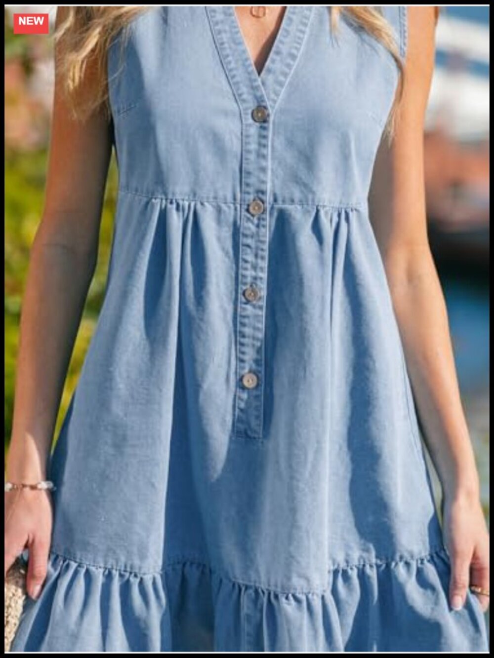Sleeveless Denim Mini Dress Notched V Neck Front Button Ruffle Hem Summer Casual - Picture 5 of 6